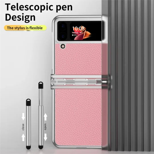 For Samsung Z Flip 3/4/5/6 Electroplating Pure Leather Hinge Protective Case