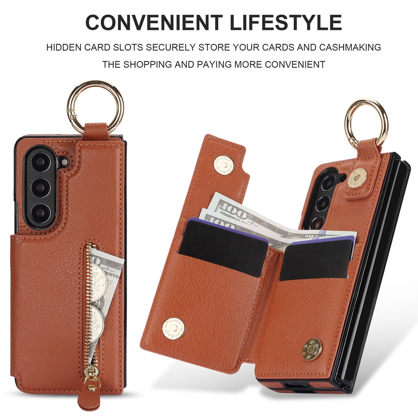 For Samsung Z Fold3/4/5/6 Ring Zipper Leather Phone Case