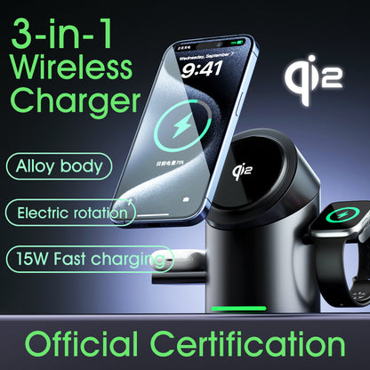 qi2 certified magsafe magnetic 3 in 1 wireless charger mobile phone fast charging stand rotating desktop charging station