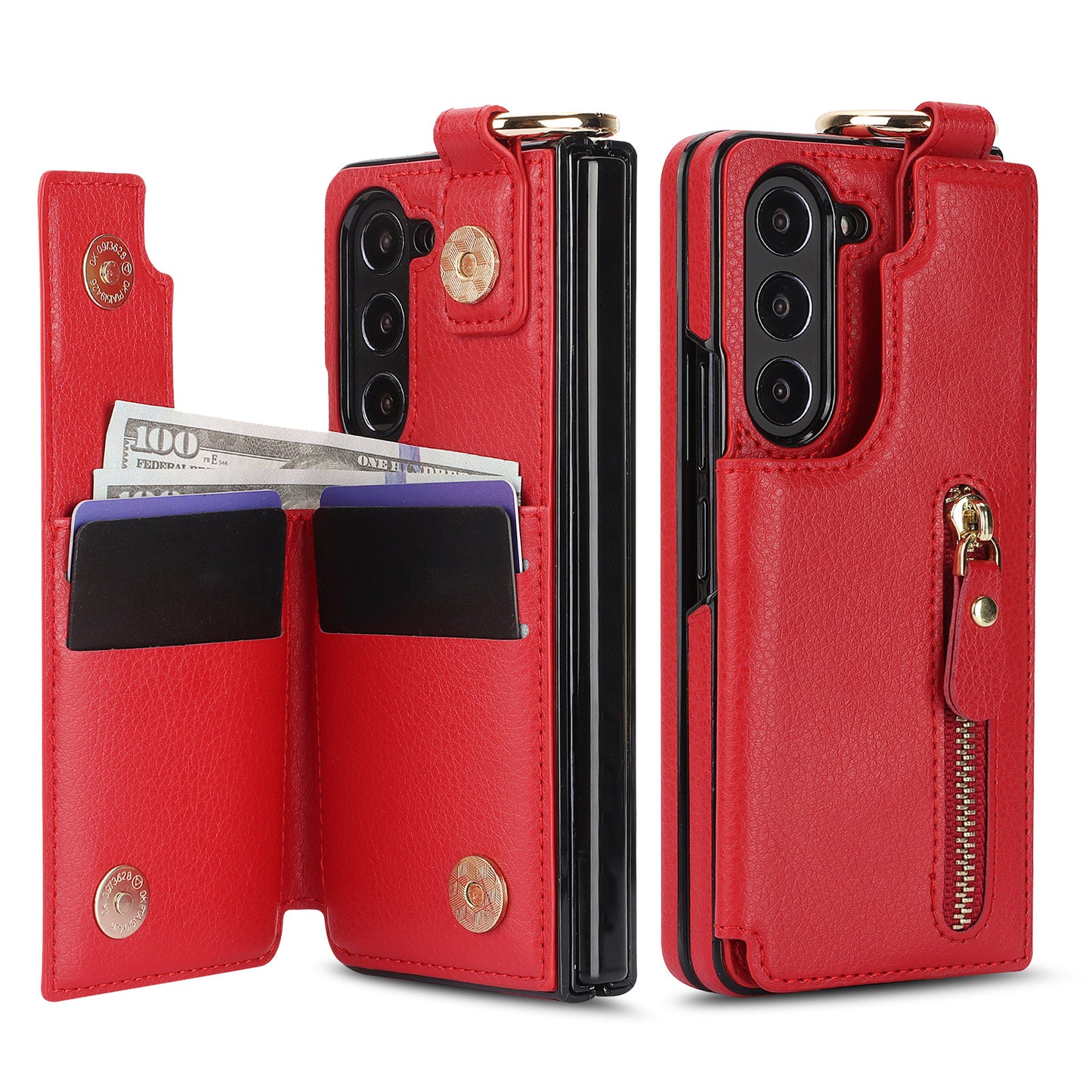 For Samsung Z Fold3/4/5/6 Ring Zipper Leather Phone Case