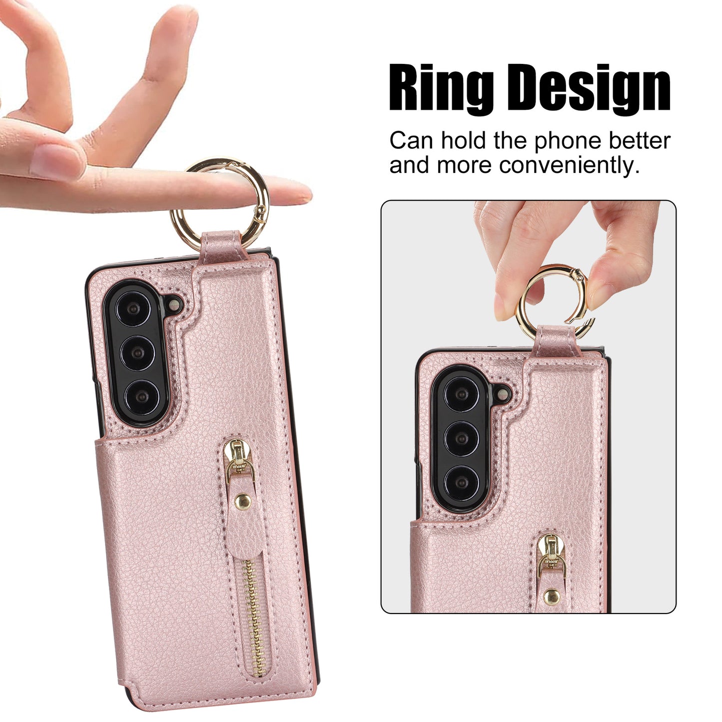 For Samsung Z Fold3/4/5/6 Ring Zipper Leather Phone Case