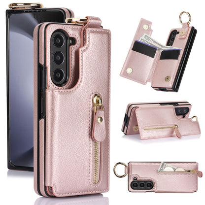 For Samsung Z Fold3/4/5/6 Ring Zipper Leather Phone Case