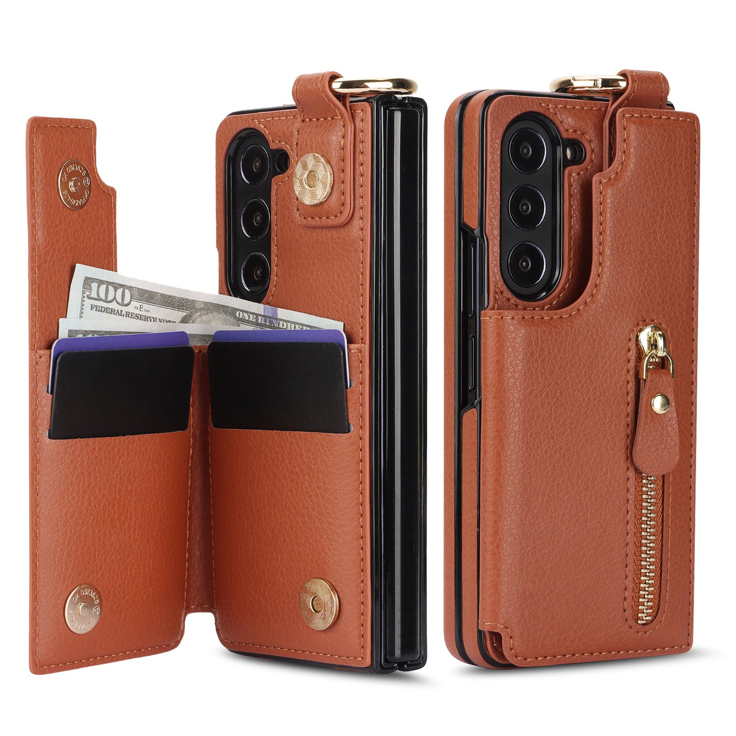 For Samsung Z Fold3/4/5/6 Ring Zipper Leather Phone Case